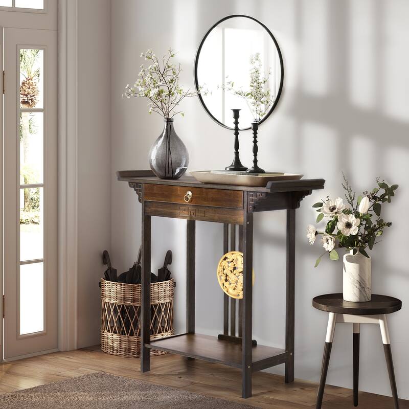 Gold Relief Dragon Totem Brown Console Table Entryway Table with Drawer and Bottom Shelf - 32.09x12.6x32.28''