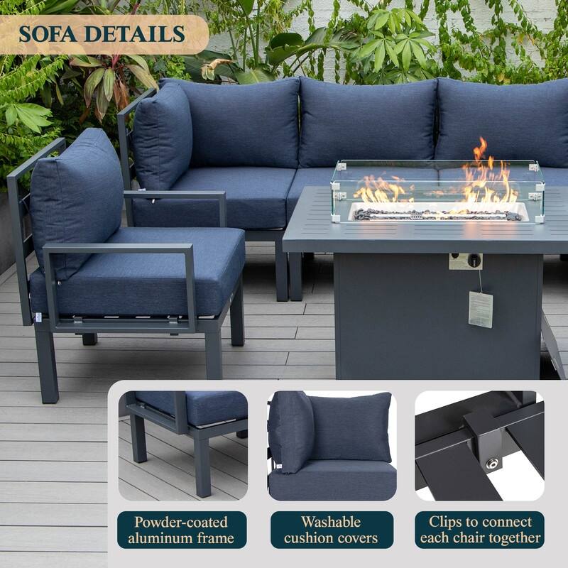 Chelsea 7-Piece Outdoor Patio Sectional Sofa Set with Fire Pit Table, Black Aluminum Frame for Backyard, Garden, and Deck