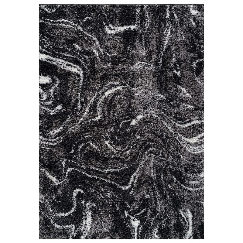 Abstract Marble Shag Rug - Anthracite Dark Gray - Plush Medium Pile, Durable with Jute Backing