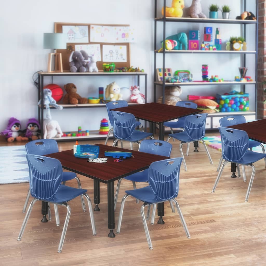 48 in. Square Height Adjustable Classroom Table - Mahogany & 4 12-in Stack Chairs- Navy Blue