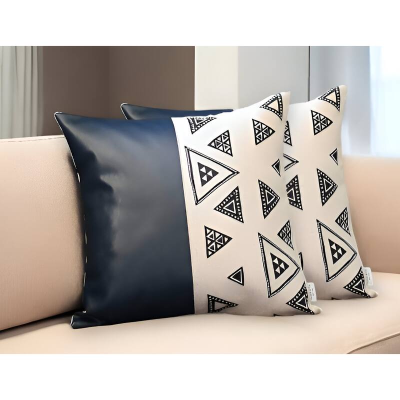 HomeRoots Set Of Two 18" X 18" Navy Blue Faux Leather Geometric Zippered Pillow - Accent - Polyester