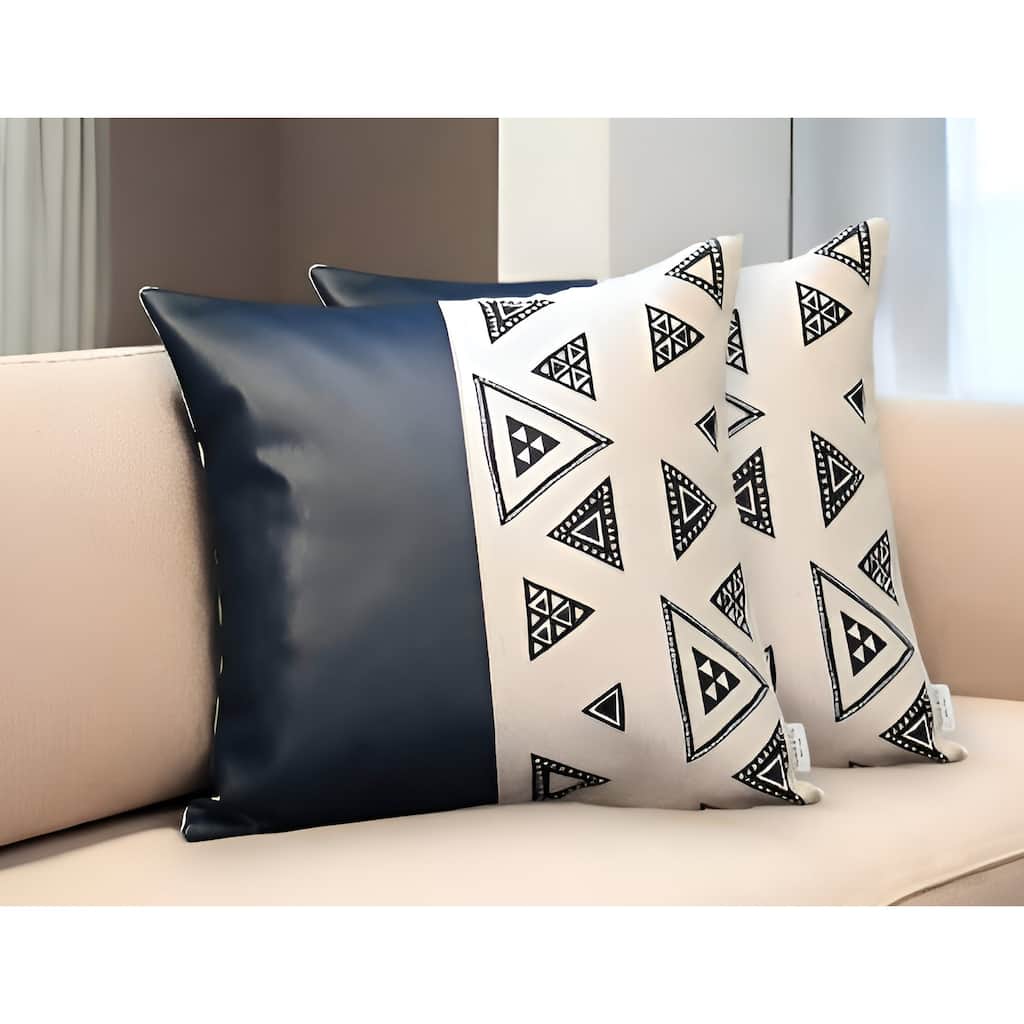 HomeRoots Set Of Two 18" X 18" Navy Blue Faux Leather Geometric Zippered Pillow