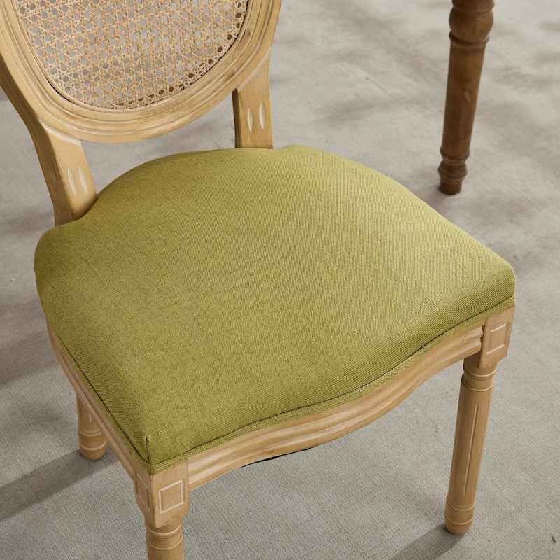 French Style Solid Wood Frame Antique Painting Linen Fabric Rattan Back Dining Chair,Set of 2