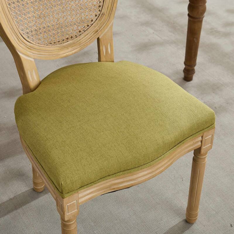 GDF Studio - French Wooden Frame Linen Fabric Rattan Back Dining Chair Set (Set of 2)