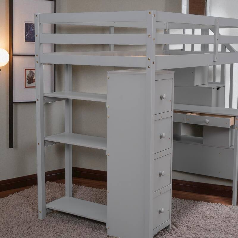 Twin Size Loft Bed with Desk, Storage Drawers, Shelves & Stairs, Wooden Frame for Kids & Teens