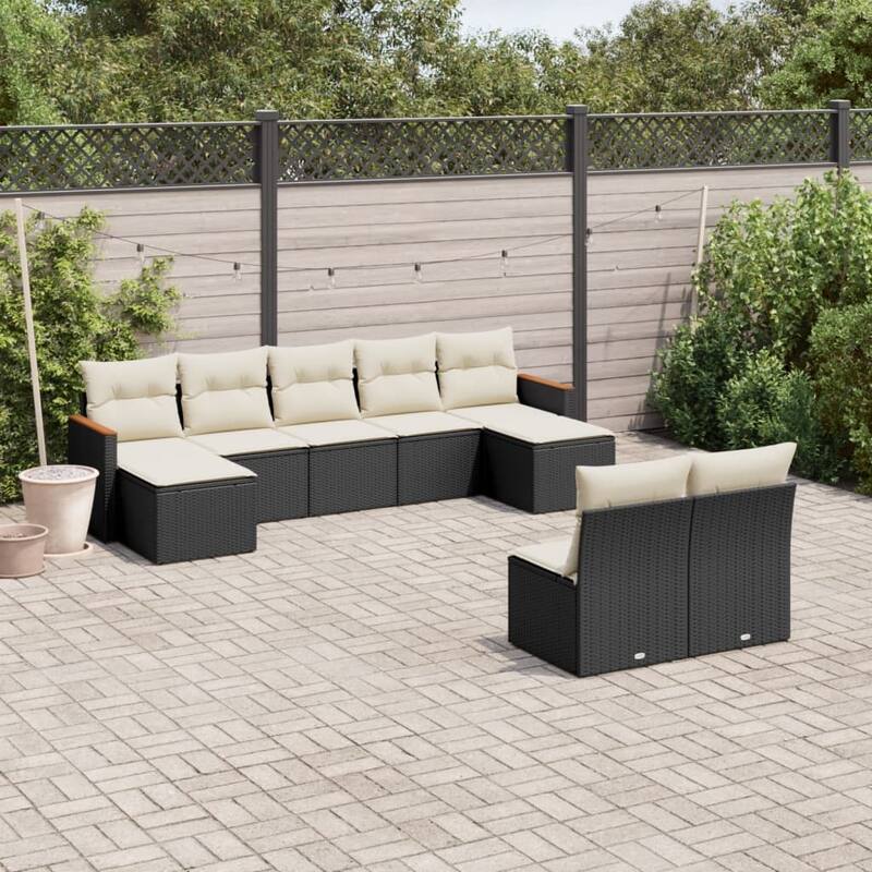 vidaXL Patio Sofa Set with Cushions Outdoor Conversation Furniture Poly Rattan - 21.7 x 21.7 x 14.6 in - Black and cream without table