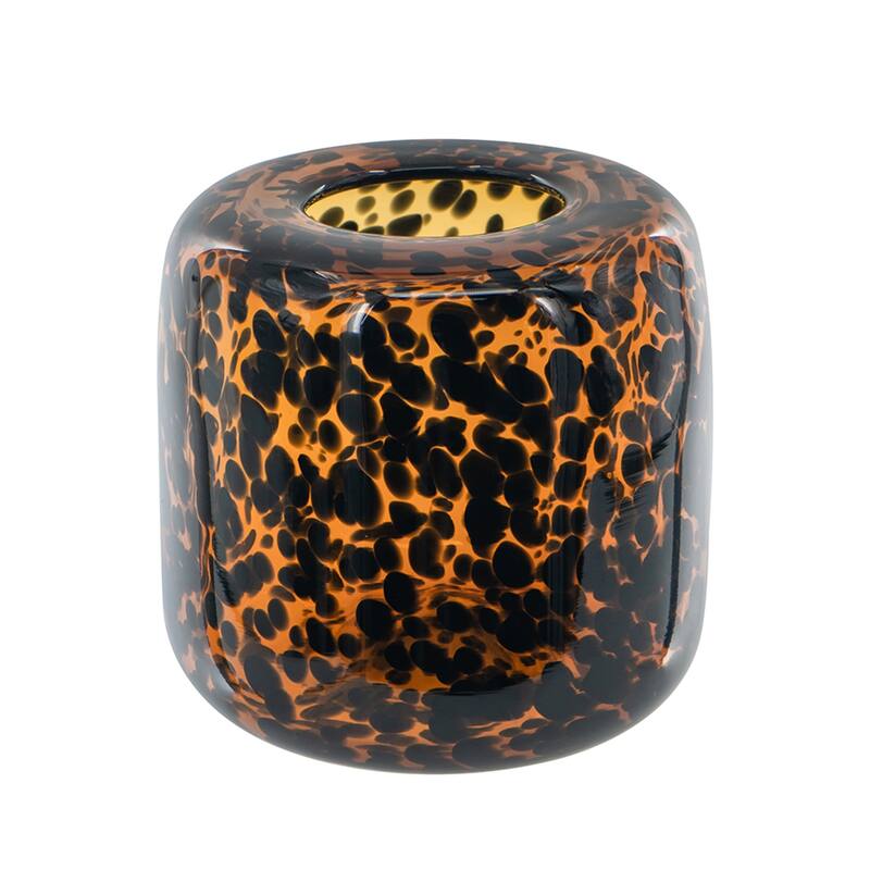 Brown and Amber Glass Vase with Cheetah Motif, Short, 7.9x7.9"
