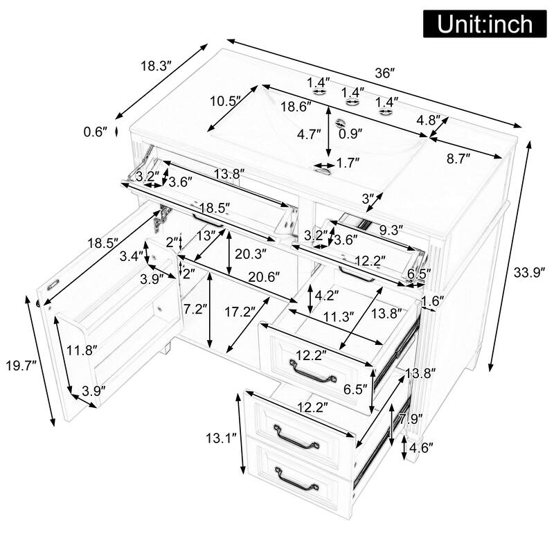 Roomfitters 36" Bathroom Vanity with Sink, Solid Wood Legs, 4 Drawers & Soft-Close Door with Storage Rack