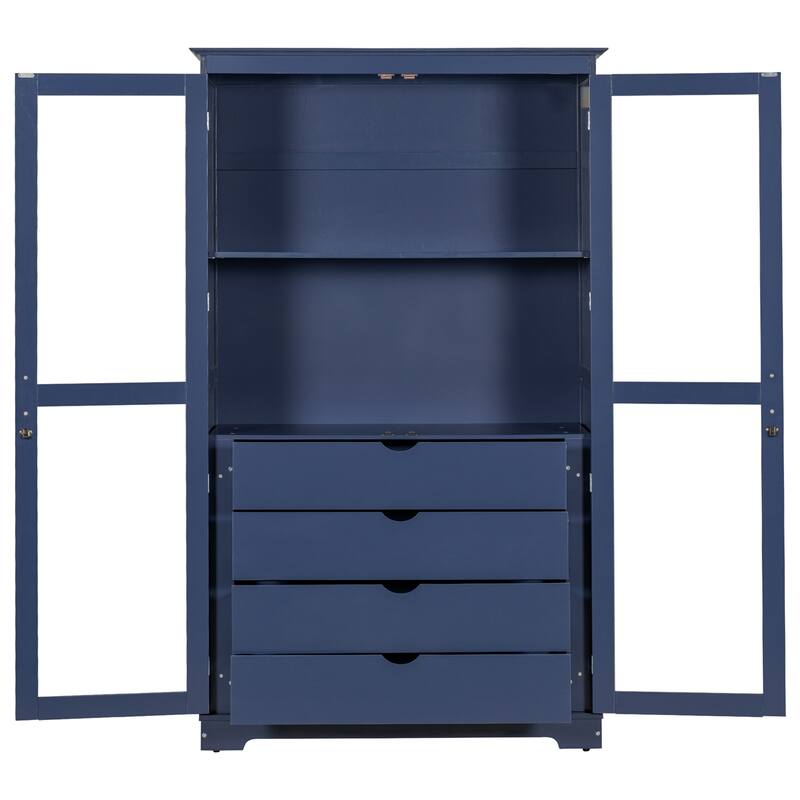 Freestanding Kitchen Storage Cabinet Pantry with Glass Doors and 4 Built-in Drawer