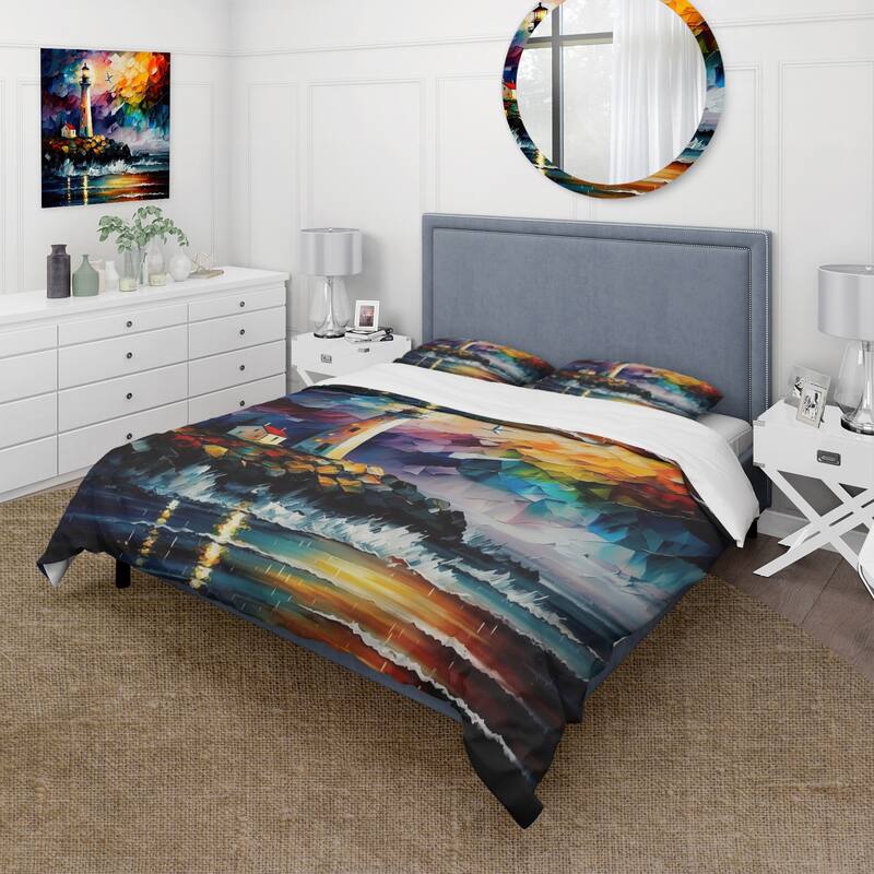Designart "Lighthouse By The Ocean V" Purple Traditional - Bed Cover Set With Shams