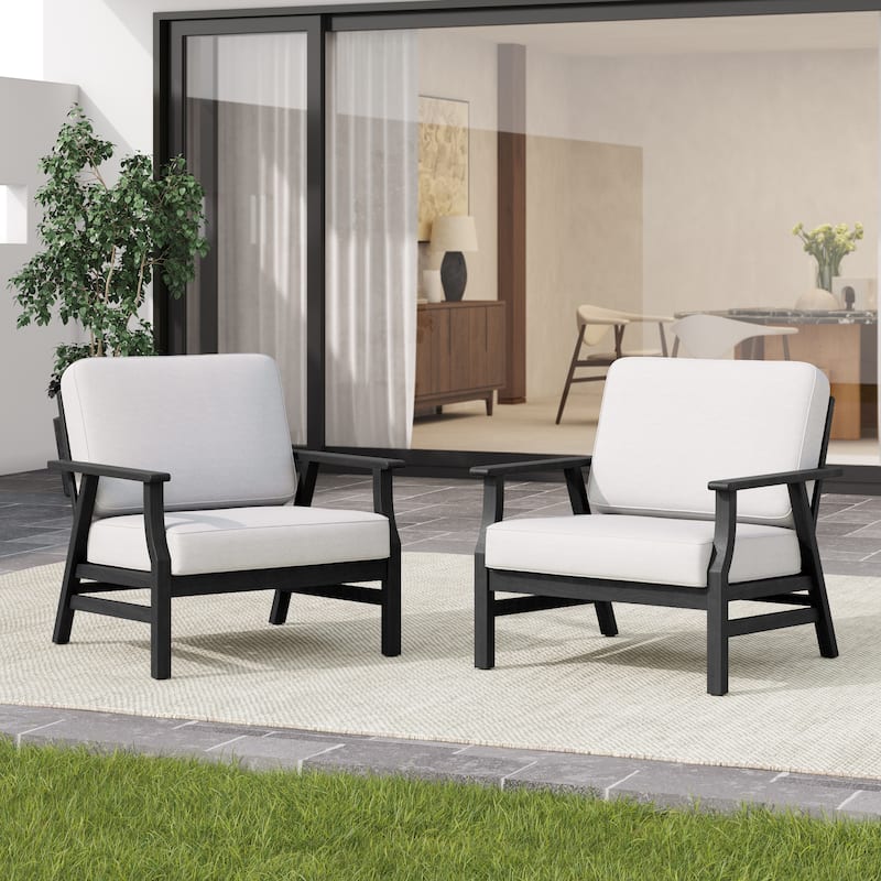 2 Set Outdoor Club Chairs with Cushions Teak Wood Patio Chairs - Beige/BLACK WOOD