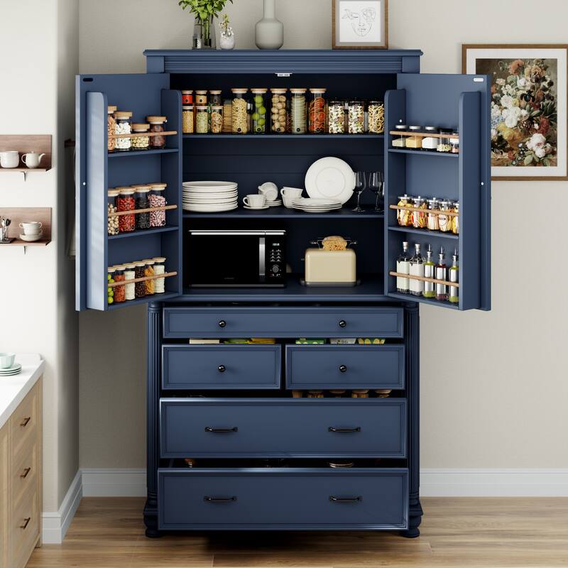 Farmhouse 77.3" Tall Kitchen Pantry Cabinet with 5 Drawers, 6 Door Shelves, 2 Adjustable Shelves - Blue