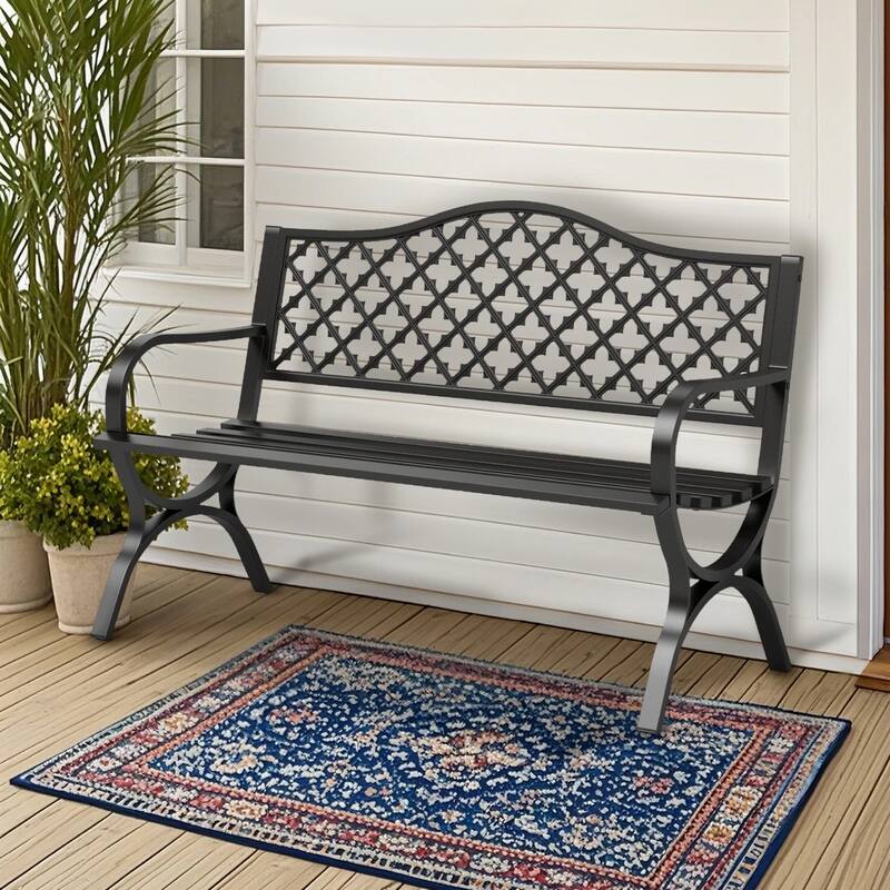 MAISON ARTS 50'' Cast Iron Outdoor Bench, Garden Bench with Backrest and Armrests - Bent legs