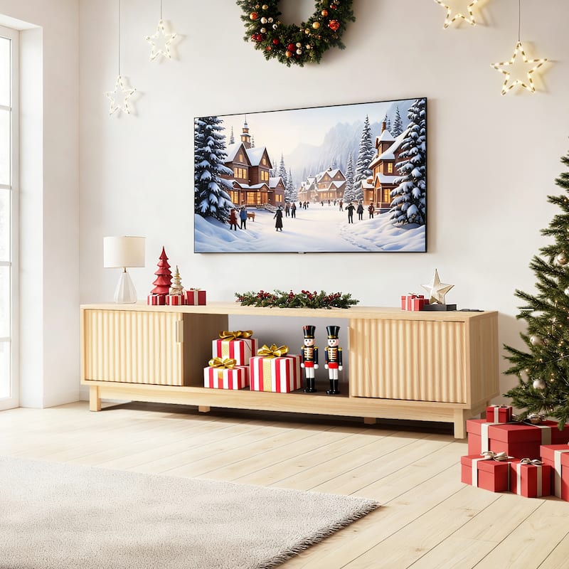 EROMMY 58/70 inch Mid Century Modern TV Stand with Fluted Doors, Entertainment Center with Power Outlet & Cable Management - 58''