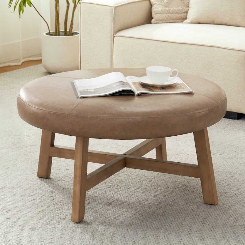 Round Upholstered Coffee Table with Solid Wood Base, Modern Fabric Ottoman Table for Living Room