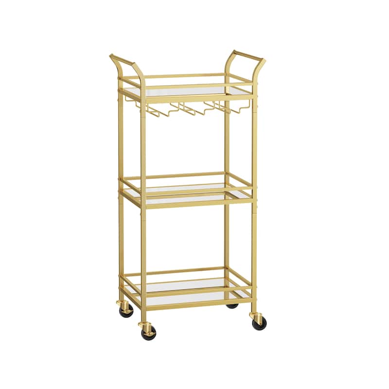 3 Tier Modern Compact Bar Cart with Mirrored Shelves Lockable Casters and Wine Glass Storage Rack - 11.8”D x 18.4”W x 36.2”H - Gold