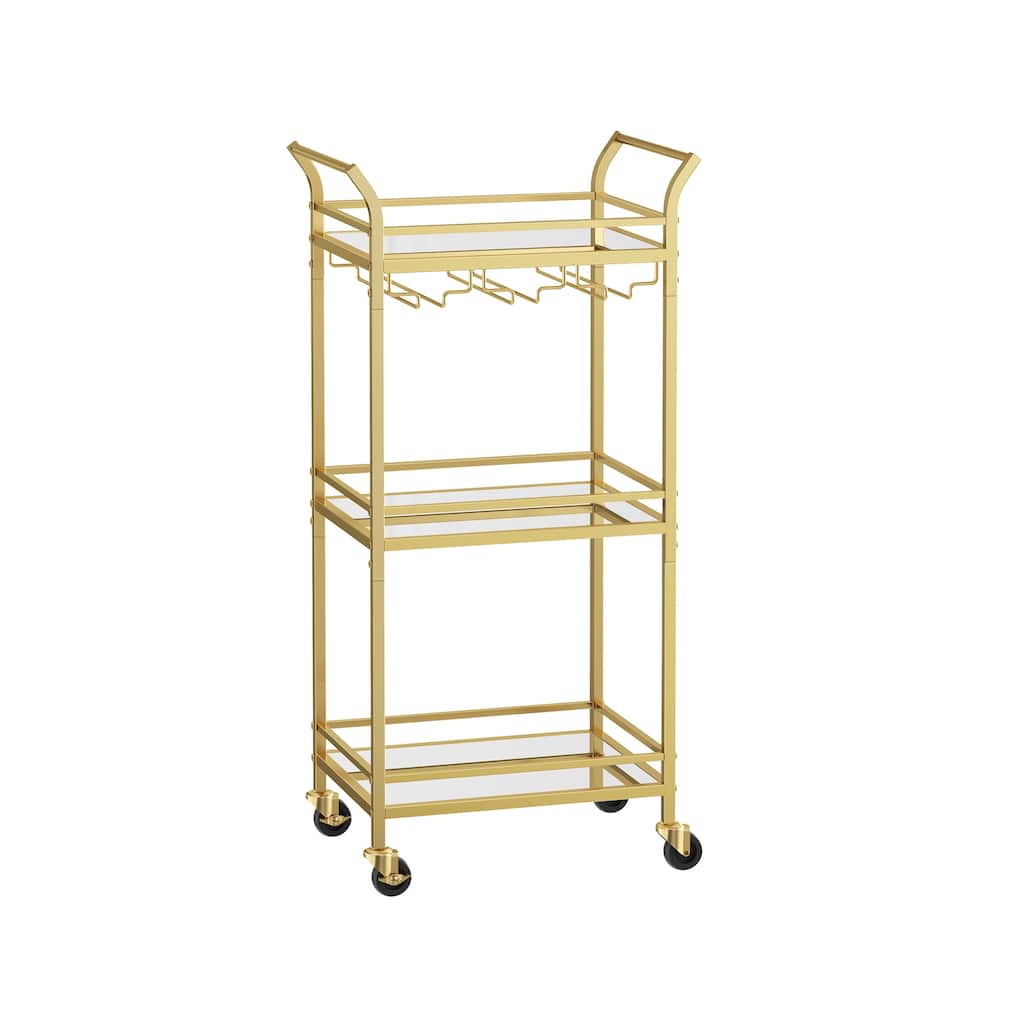 3 Tier Modern Compact Bar Cart with Mirrored Shelves Lockable Casters and Wine Glass Storage Rack - 11.8”D x 18.4”W x 36.2”H