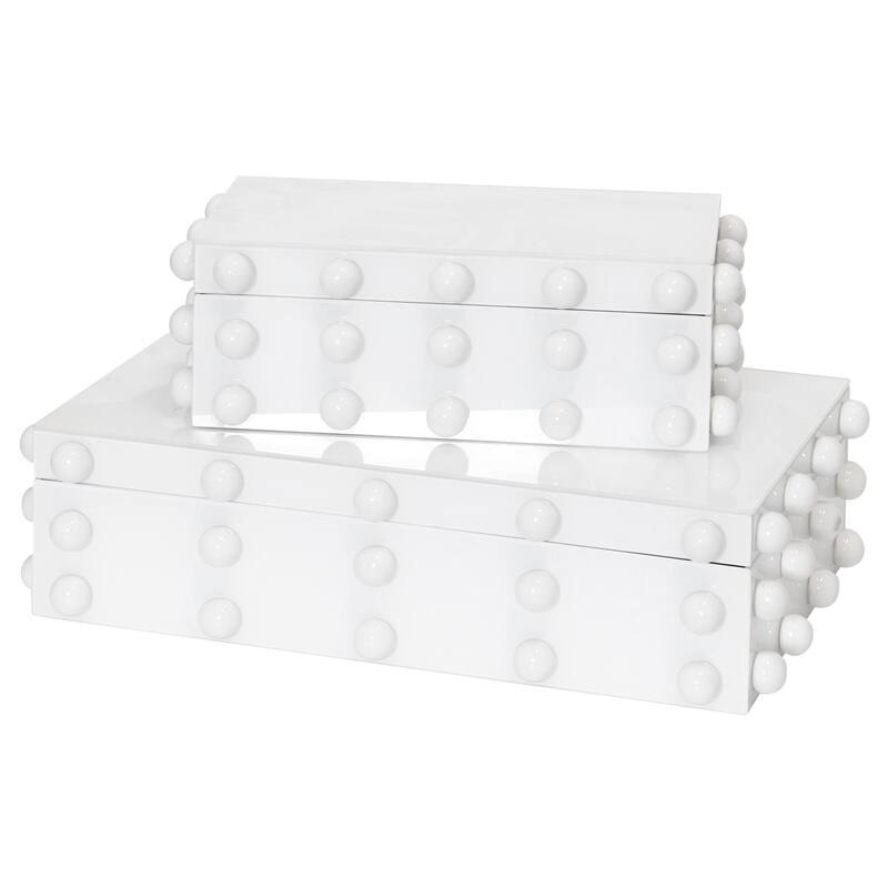 Harp & Finial Batu Box- Set Of 2 - White Finished Glass Box With Ceramic Knob Detail