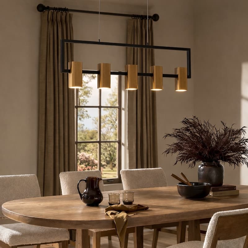 Modern 5-Light Black Gold LED Rectangle Chandelier Hanging Pendant Light for Dining Room - 27.5" L x 1.5" W x 12" H