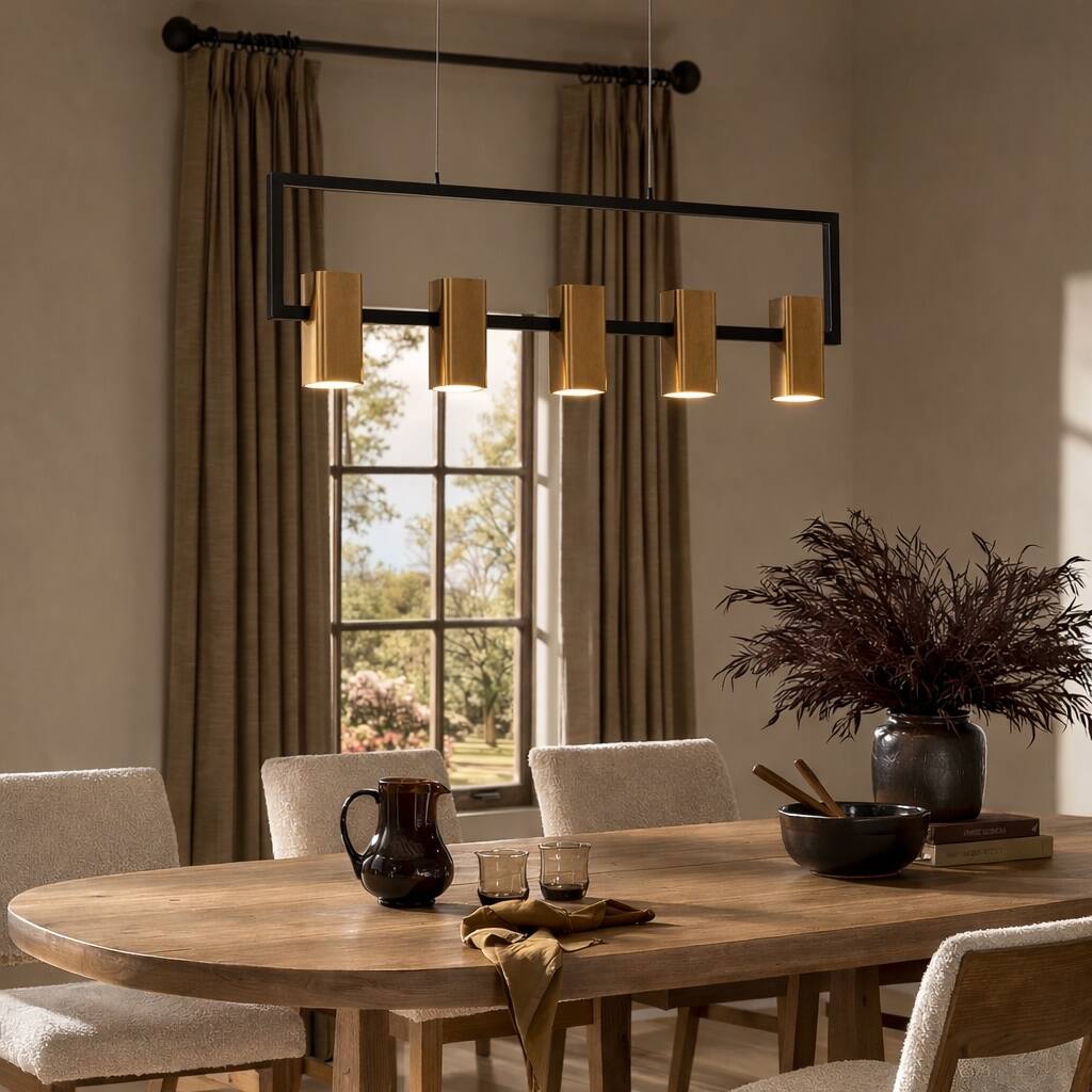 Modern 5-Light Black Gold LED Rectangle Chandelier Hanging Pendant Light for Dining Room - 27.5" L x 1.5" W x 12" H