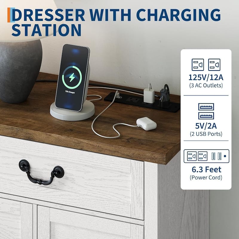 Farmhouse 9 Drawer Dresser with Charging Station for Living Room, Bedroom