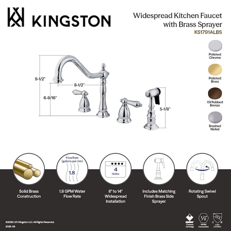 Kingston Brass Heritage Deck Mount Widespread Kitchen Faucet with Brass Sprayer