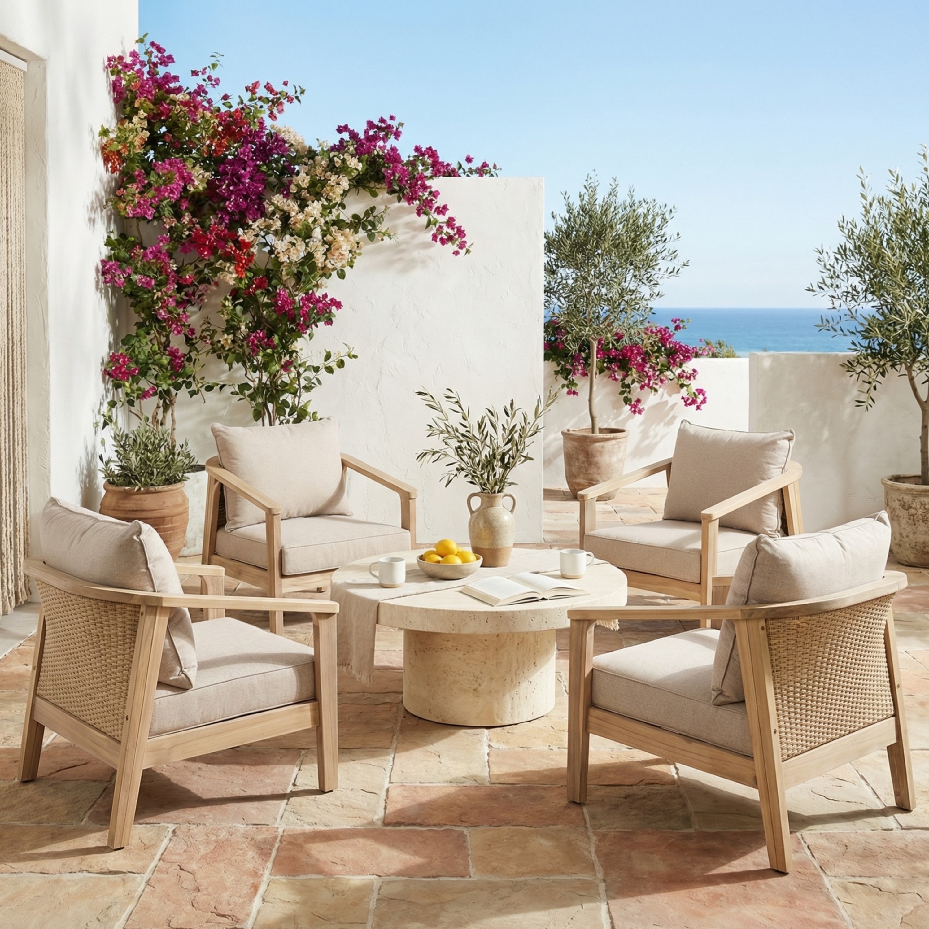Christopher Knight Home - Outdoor Acacia Wood and Wicker Club Chair Set with Armrest and Soft Seat & Back Cushions