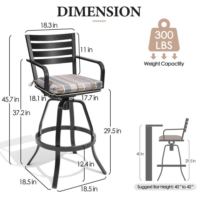 Outdoor Indoor Patio Aluminum Swivel Bar Stools Set with Sunbrella Cushions
