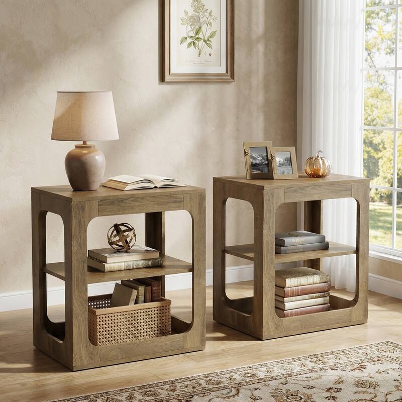 23.6" End Table with Storage Shelves, 3-Tier Side Table for Living Room - Brown(2pcs)