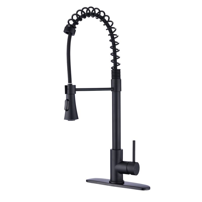 Topcraft Single Handle Pull Down Spring High Arc Kitchen Faucet with Base Plate - Matte Black