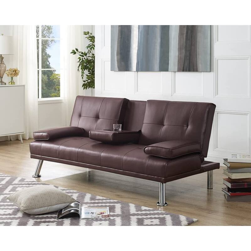 Futon Sofa Bed Couch with Armrest & Cupholders, Faux Leather Sofa Bed Couch Convertible Folding Reclining Small Couch
