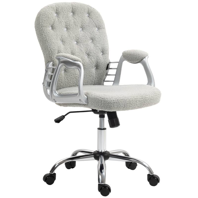 Button Tufted Teddy Fleece Task Chair with Padded Seat, Curved Backrest, and Adjustable Height for Home Use