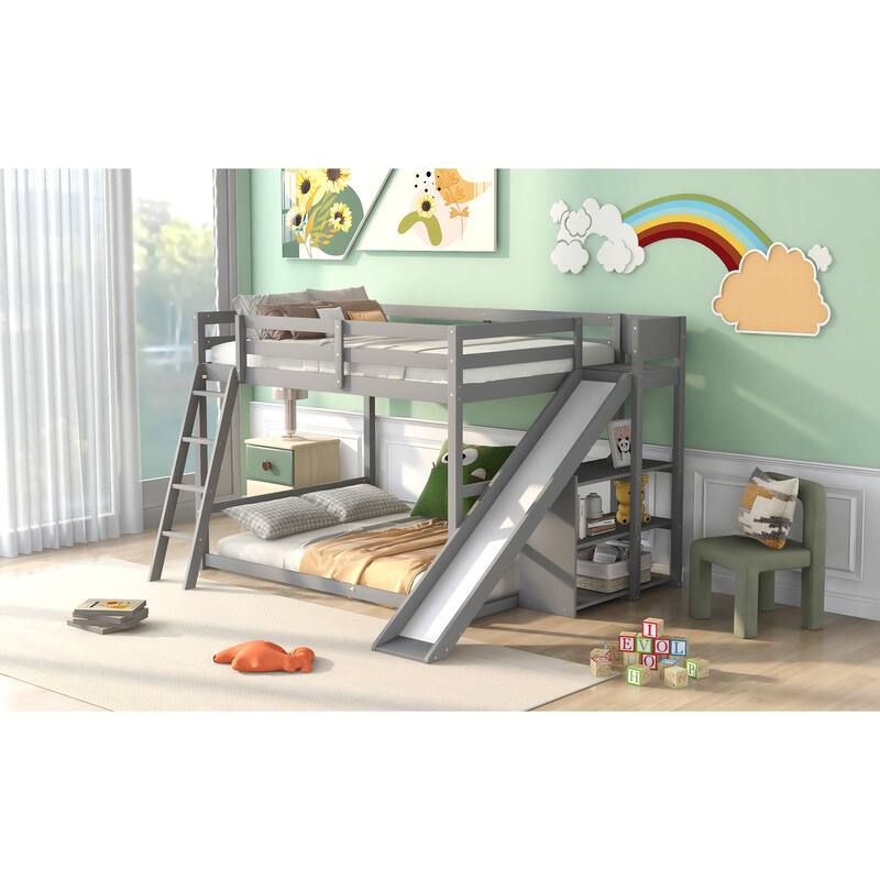 Full over Full Bunk Bed Equipped with Multiple Storage Racks, A Ladder and Slide Bed Bath