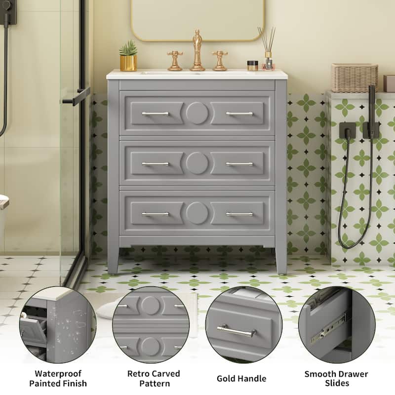 Freestanding Single Vanity Set, Solid Wood Bathroom Storage Cabinet, Bathroom Vanity with Ceramic Sink & 3 Drawers