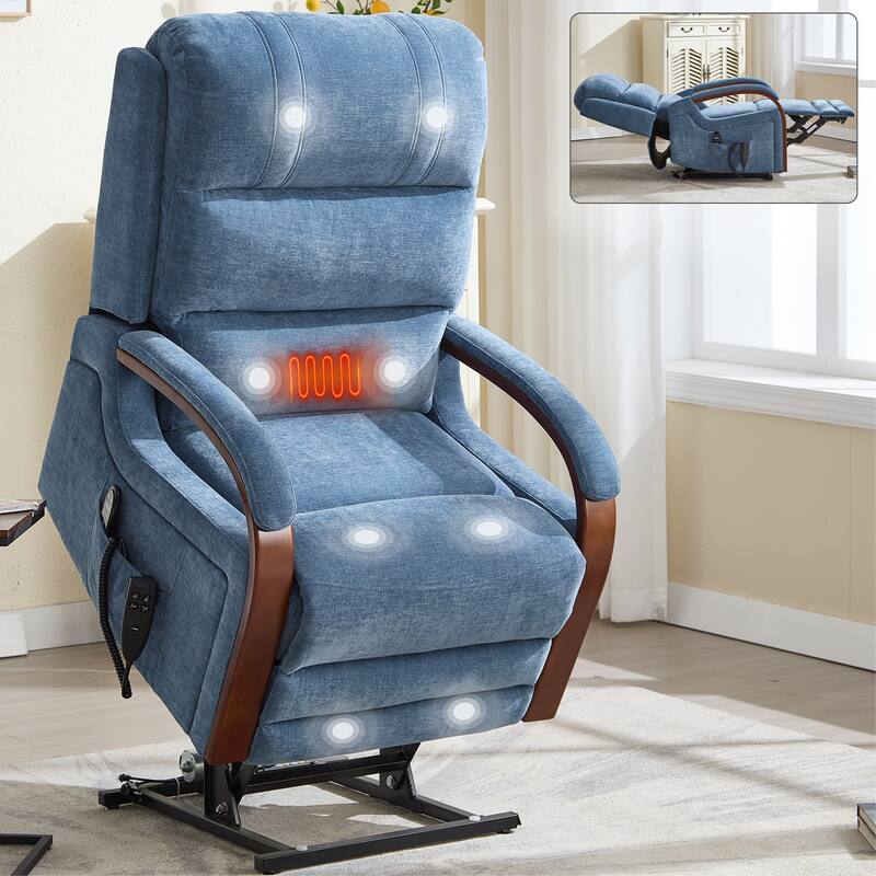 180° Power Lift Recliner Chair with Massage & Heat,Solid Wood Armrests - Blue