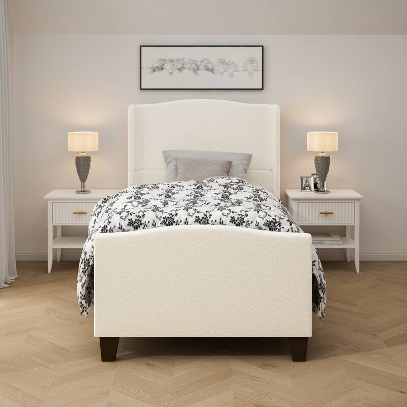 49.21"High Back Upholstered Headboard Teddy Velvet Bed Frame - White - Twin