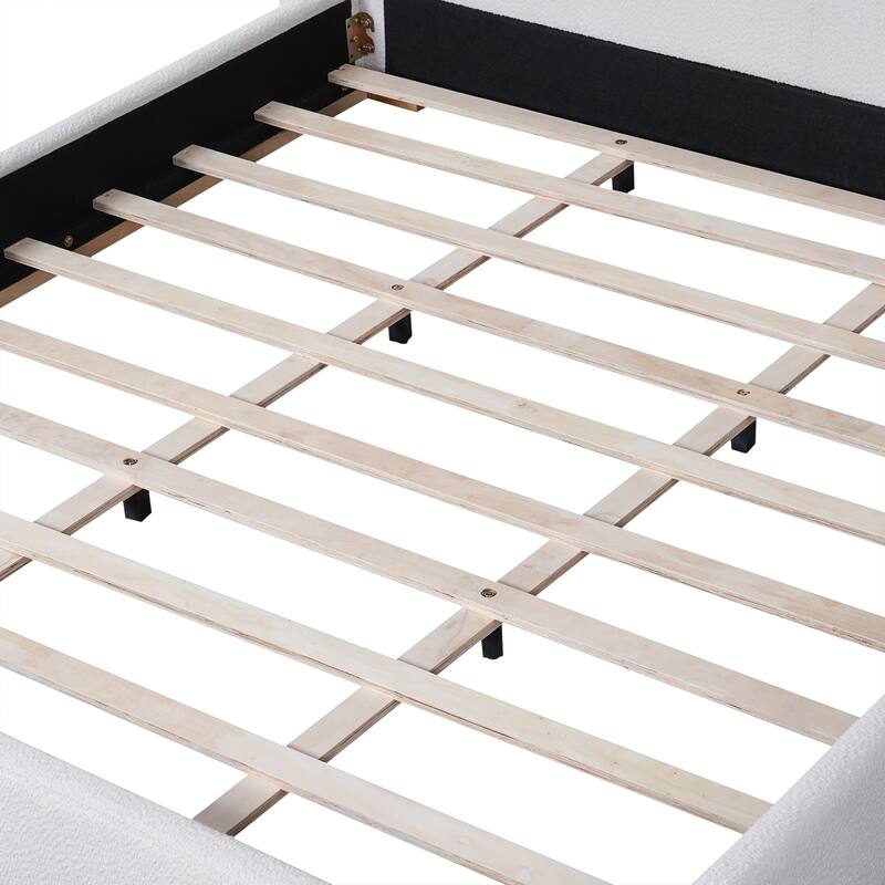 King Size Bed Frame with Upholstered Wingback Headboard, Solid Wood Base, White