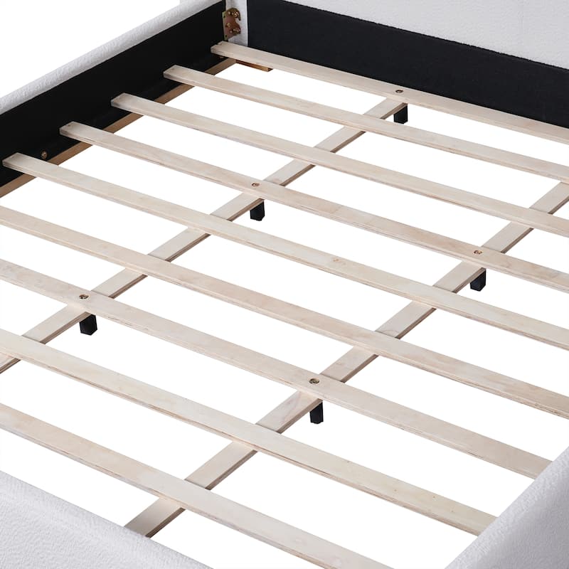 White Low Profile Platform Bed Ground Bed Boucle Frame with Upholstered Wingback Headboard