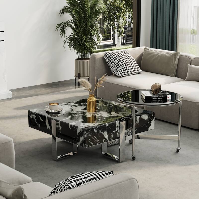 Modern Luxury Square Faux Marble Coffee Table Set Nesting Coffee Table with End Table - Black and Silver