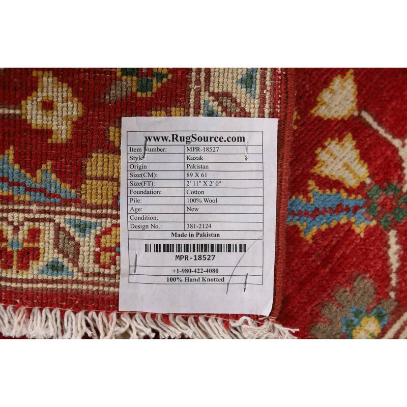 Floral Red Kazak Oriental Foyer Rug Handmade Wool Carpet - 2'0" x 2'11"