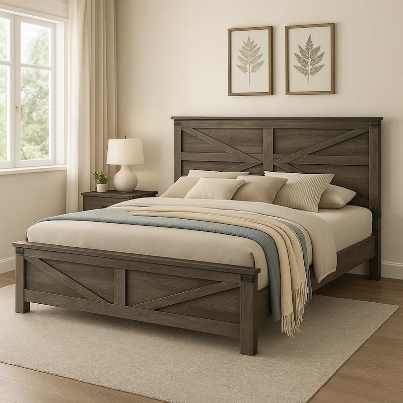 Bry Queen Size Bed w Chevron Panel Headboard, Rustic Gray Wood Frame