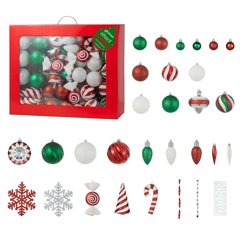 Glitzhome 160ct Christmas Deluxe 29-Finish Boxed Ball Shatterproof Ornaments