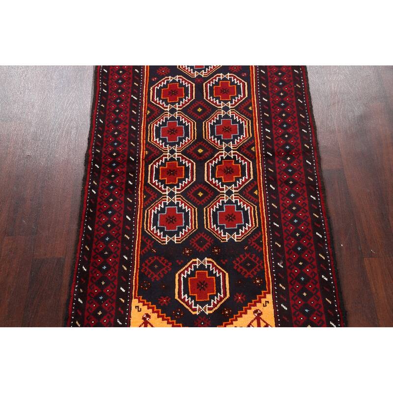 Geometric Balouch Persian Runner Rug Hand-knotted Wool Carpet - 3'3" x 6'7"