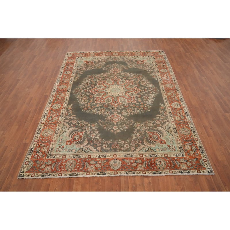 Hand Knotted Oriental 100% Wool Carpet Traditional Floral Greys & Charcoal Tabriz Area Rug - 10' 1'' X 7' 3''