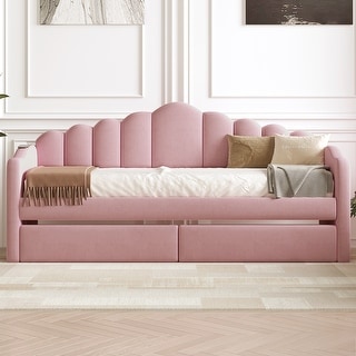 Pink Upholstered Bed/ Roll-out Trundle Drawers Storage Bed/ Sofabed