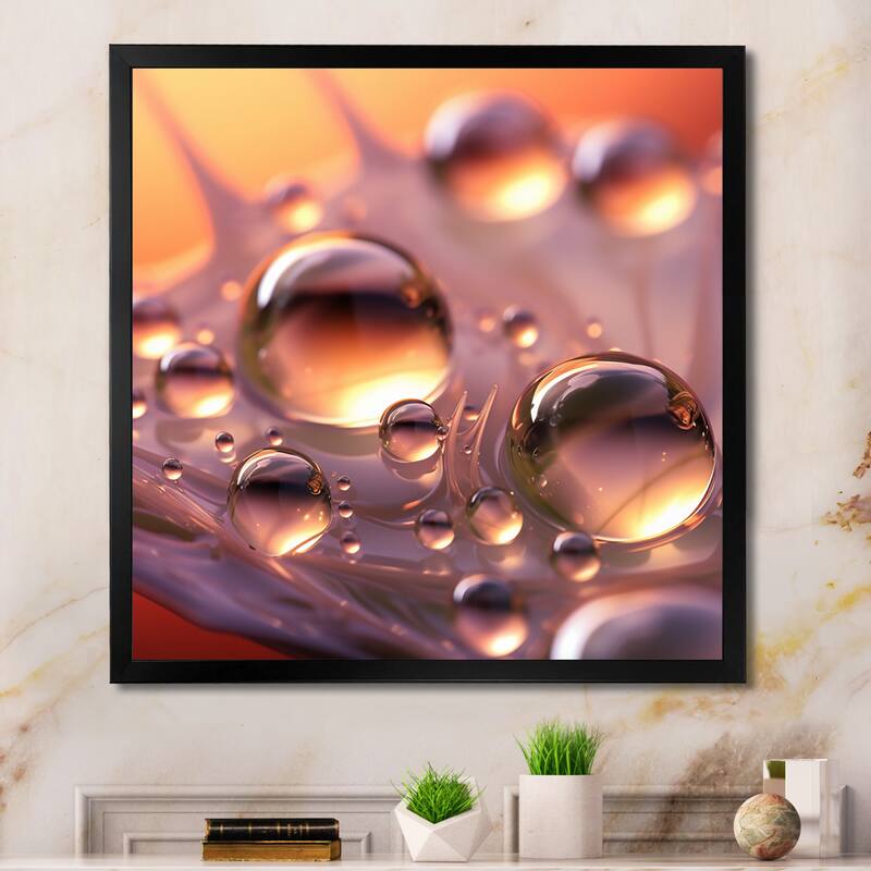 Designart "Morning Dew Drops On Pink Flower Petal" Flowers Framed Wall Art Prints - 24 in. wide x 24 in. high - Black