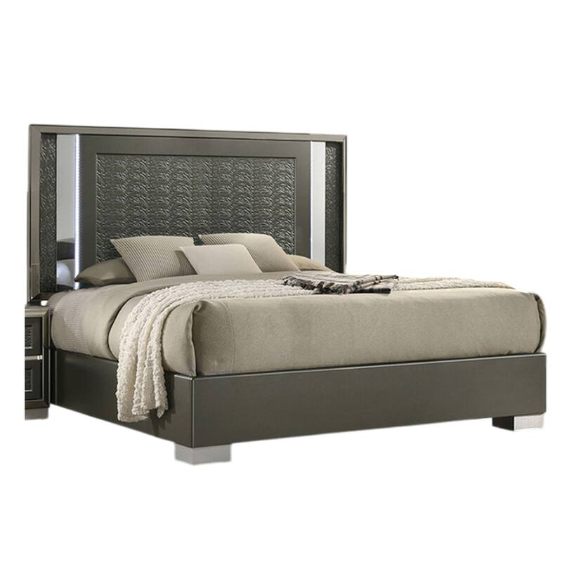 Levi Queen Bed, Dark Gray, Solid Teak and Rubberwood, Modern LED Lighting