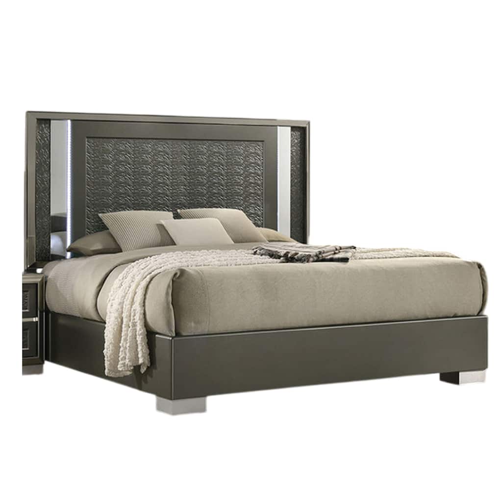 Levi Queen Bed, Dark Gray, Solid Teak and Rubberwood, Modern LED Lighting