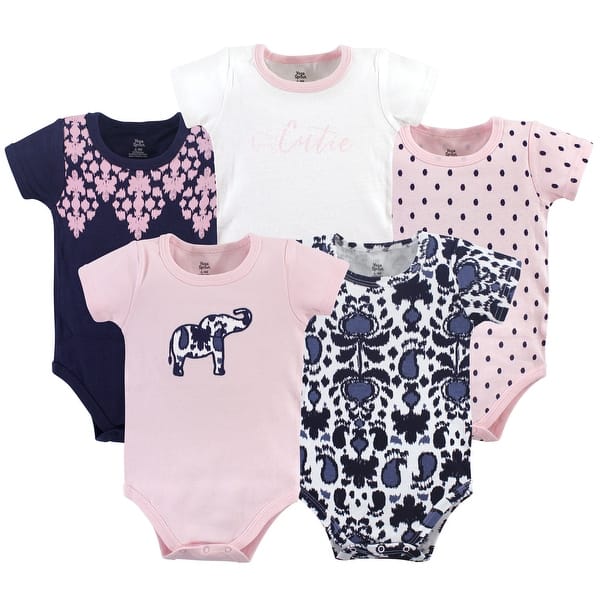 slide 1 of 1, Yoga Sprout Baby Girl Cotton Bodysuits 5pk, Ikat Elephant 0-3 Months - Ikat Elephant