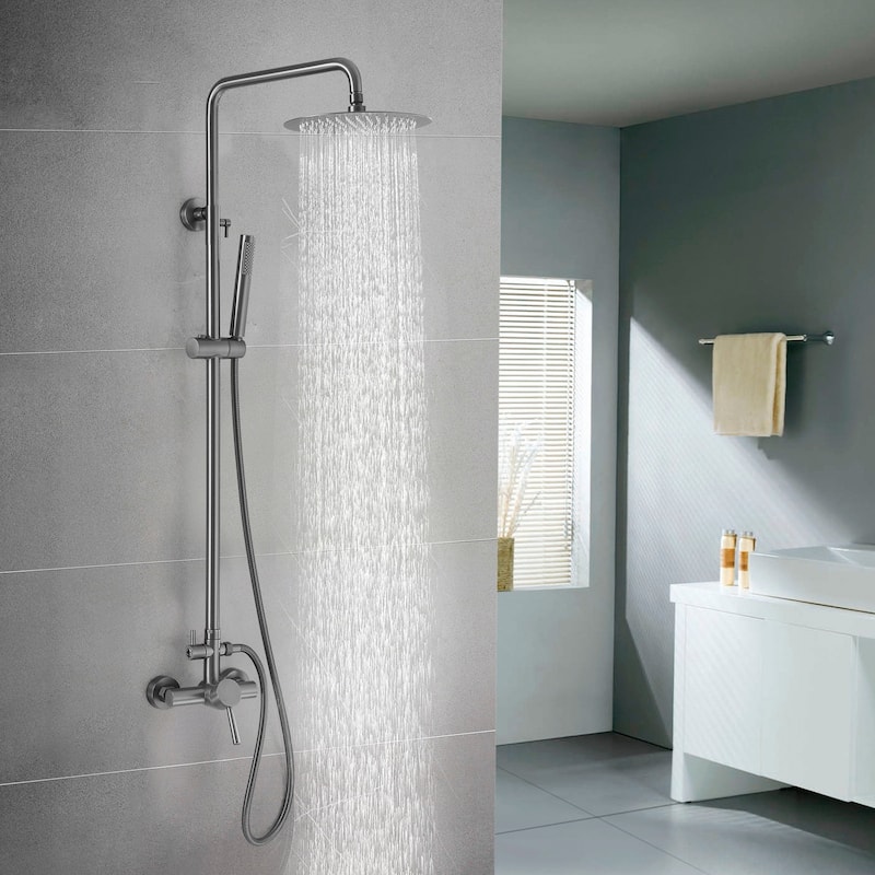 Outdoor 10 Inch Round Rain Shower Set with Handheld Shower (Adjustable Slider)